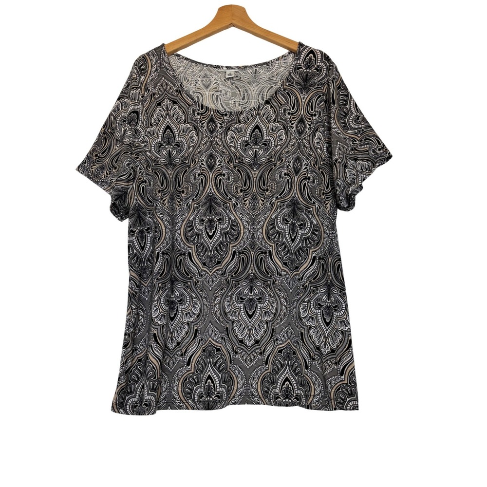 Croft & Barrow Womens 1X Paisley Damask Print Short Sleeve Knit Top Black Tan